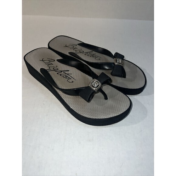 Brighton Bowie Sz 10 Black Silver Rhinestone Bow‎ Thong Wedge Flip Flop Shoes - Picture 3 of 9